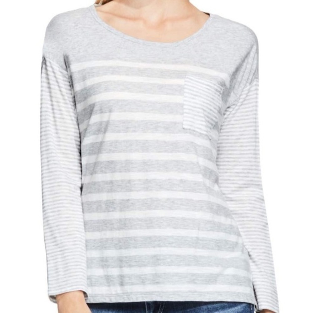 NWT Vince Camuto Stripe Pocket Long Sleeve Tee Grey White XS/S